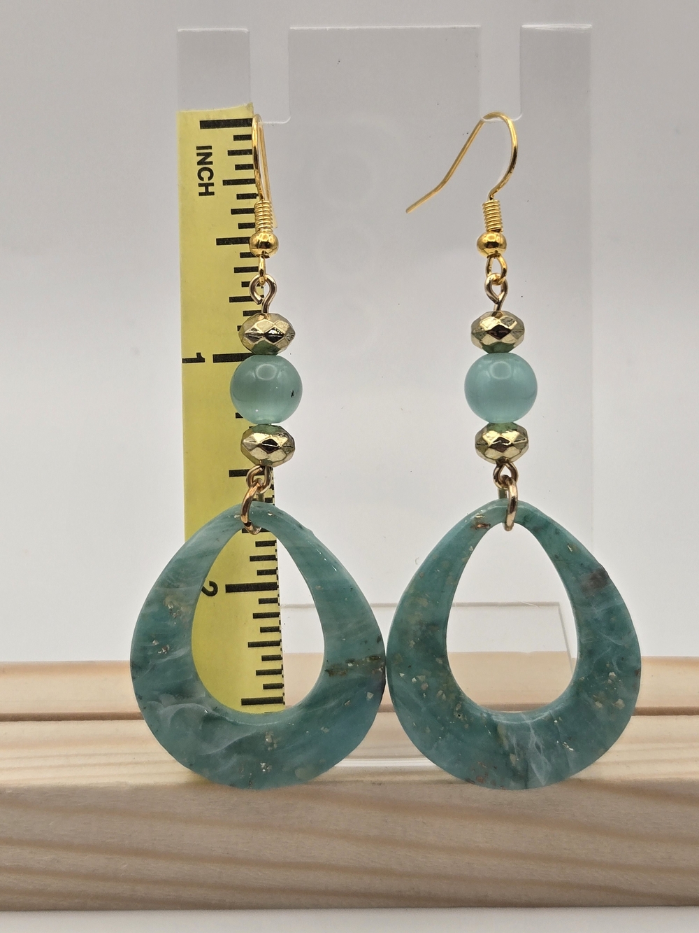 #B514- Gold-Trim Teal Resin Teardrop Earrings - Picture 2 of 3